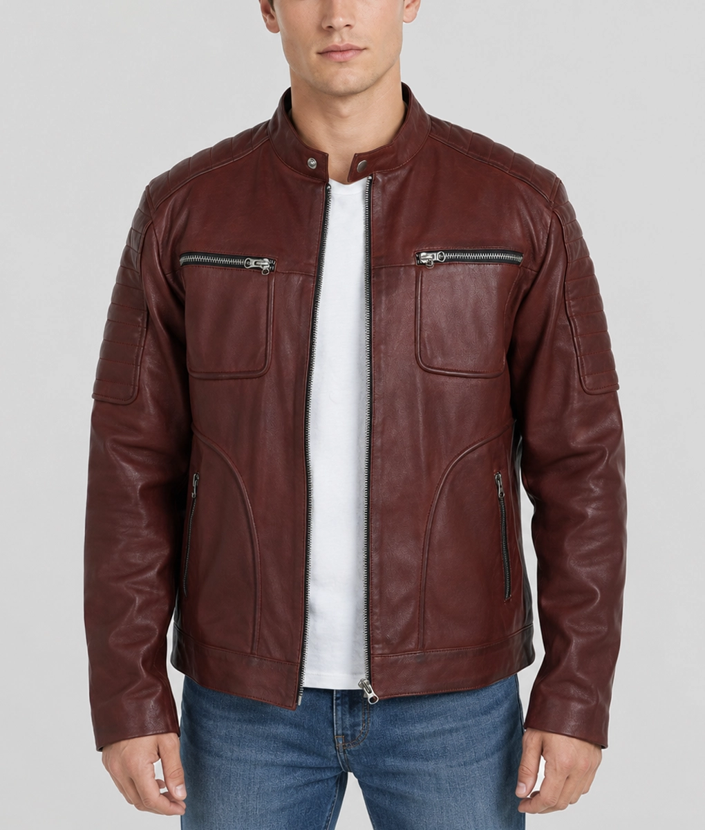 Mens Maroon Café Racer Leather Jacket - Front