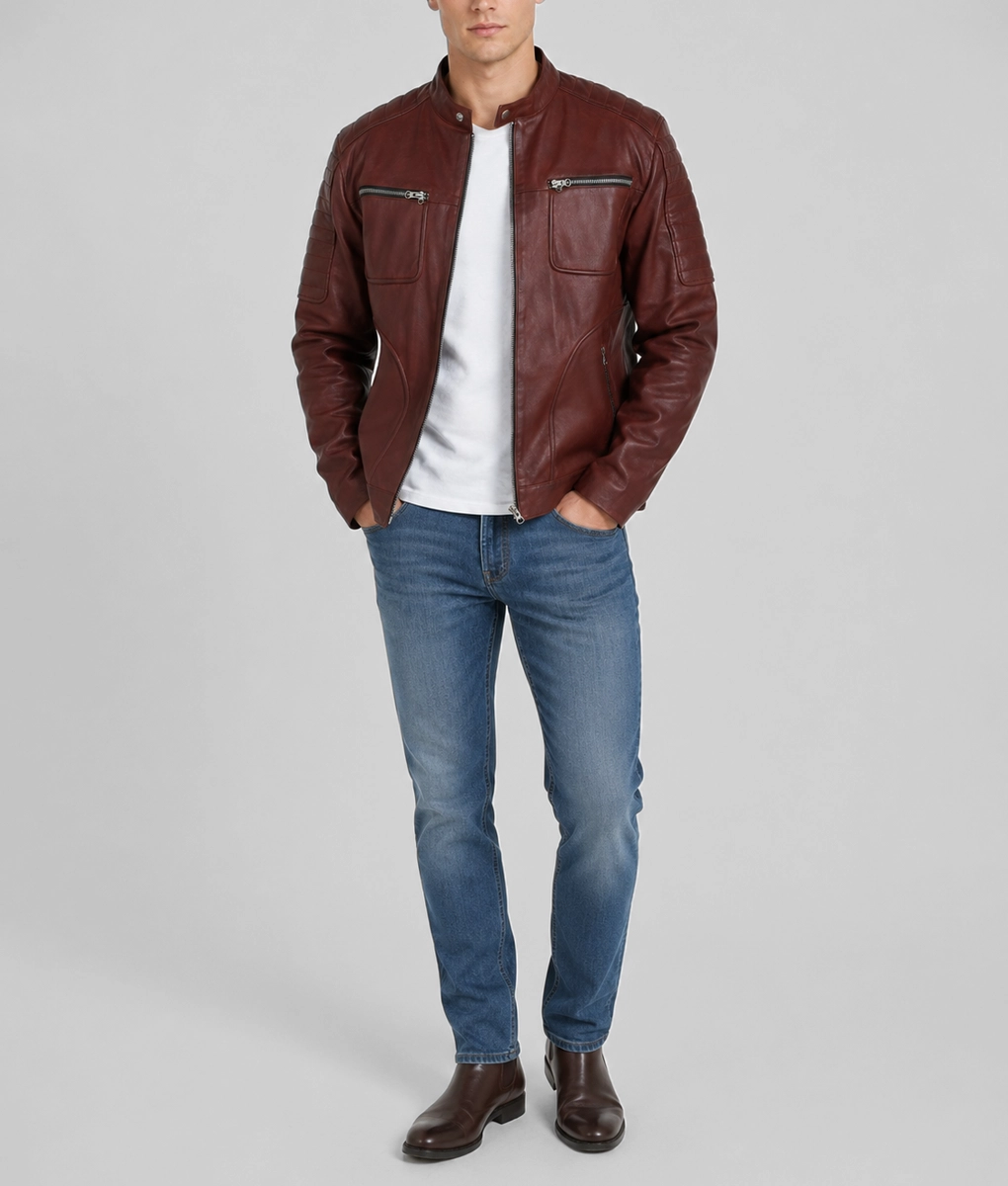 Mens Maroon Café Racer Leather Jacket - Full