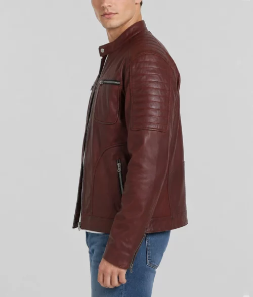 Mens Maroon Café Racer Leather Jacket - Side