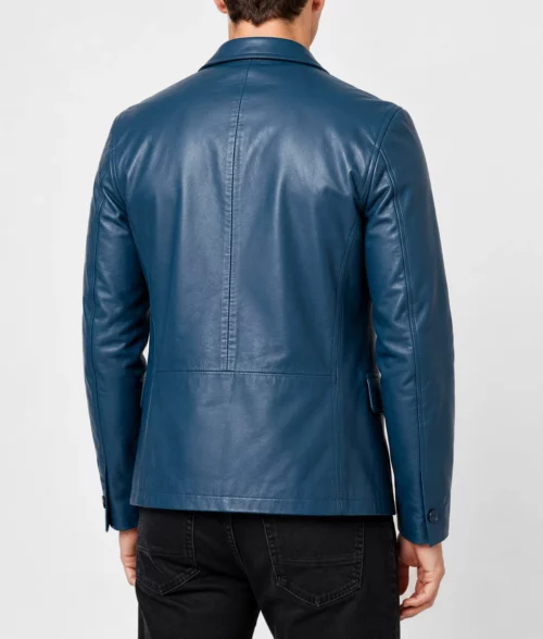 Mens Modern Blue Leather Blazer - Back