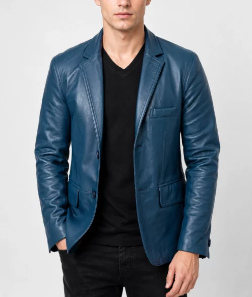 Mens Modern Blue Leather Blazer - Front