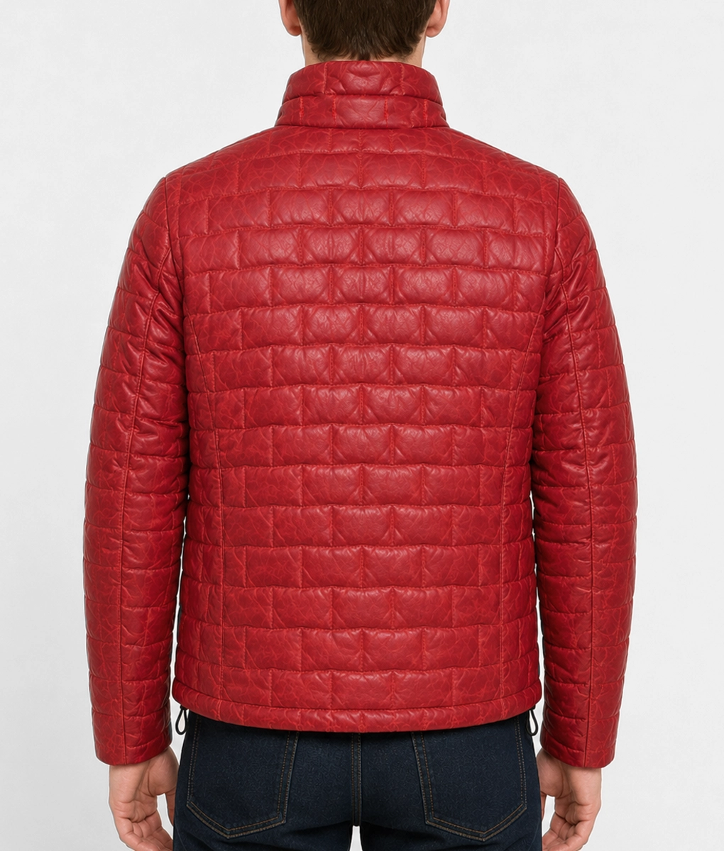 Mens Modern Quilted Red Leather Jacket - Back