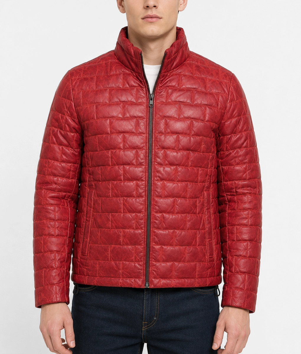 Mens Modern Quilted Red Leather Jacket - Front