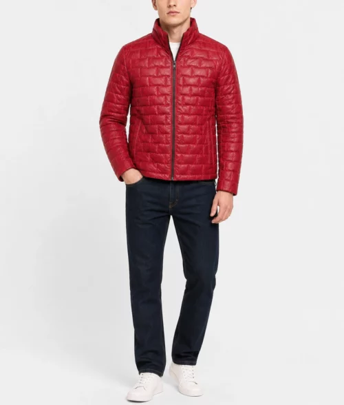 Mens Modern Quilted Red Leather Jacket - Full 1