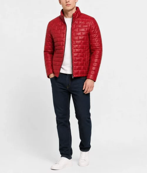 Mens Modern Quilted Red Leather Jacket - Full 2