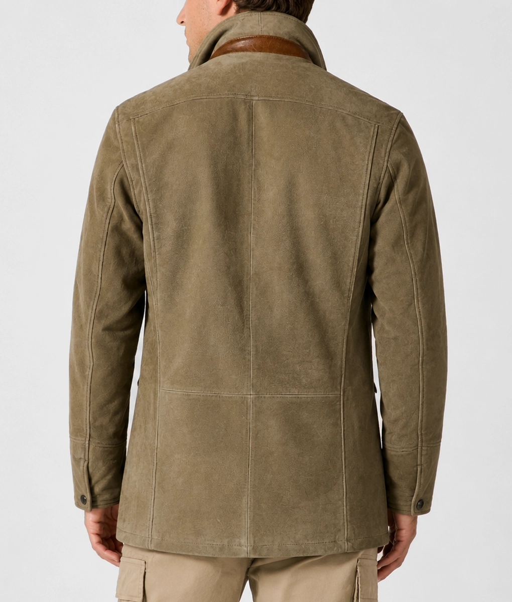 Mens Olive Green Suede Leather Blazer - Back
