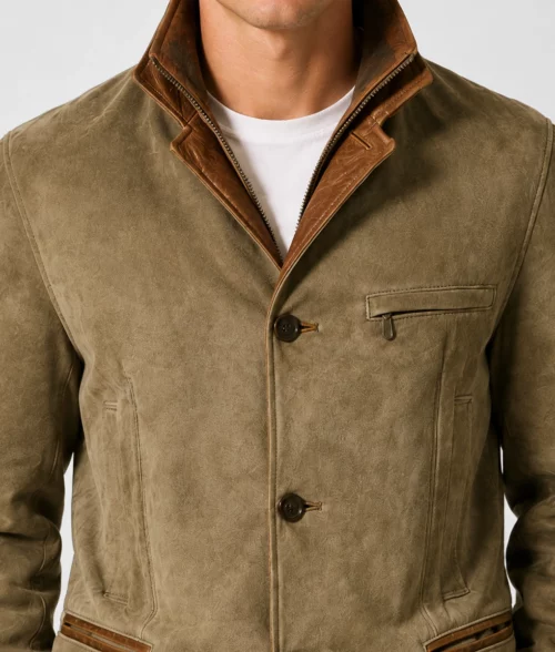 Mens Olive Green Suede Leather Blazer - Collar