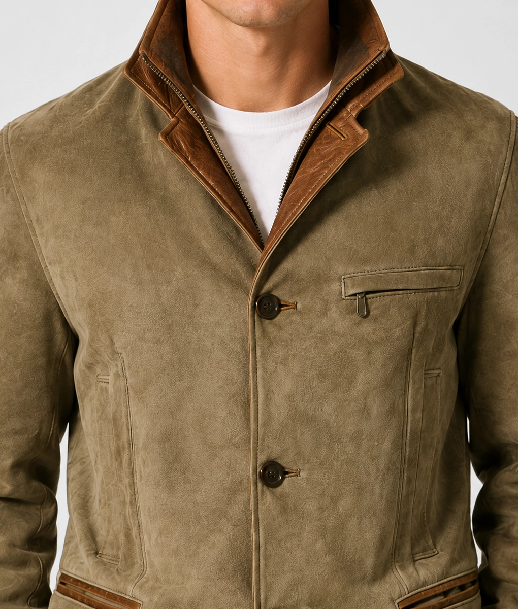 Mens Olive Green Suede Leather Blazer - Collar