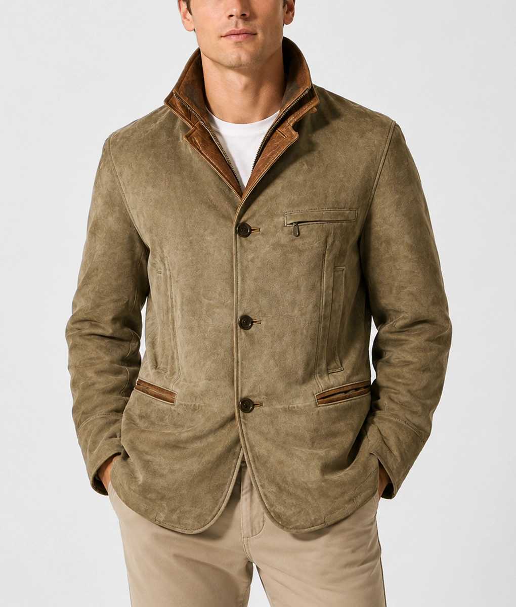 Mens Olive Green Suede Leather Blazer - Front