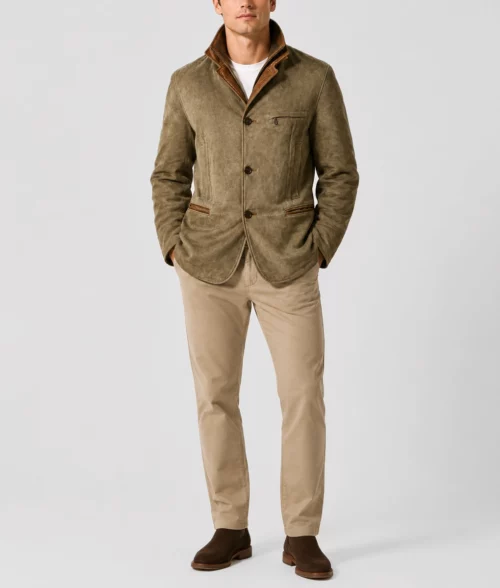 Mens Olive Green Suede Leather Blazer - Full