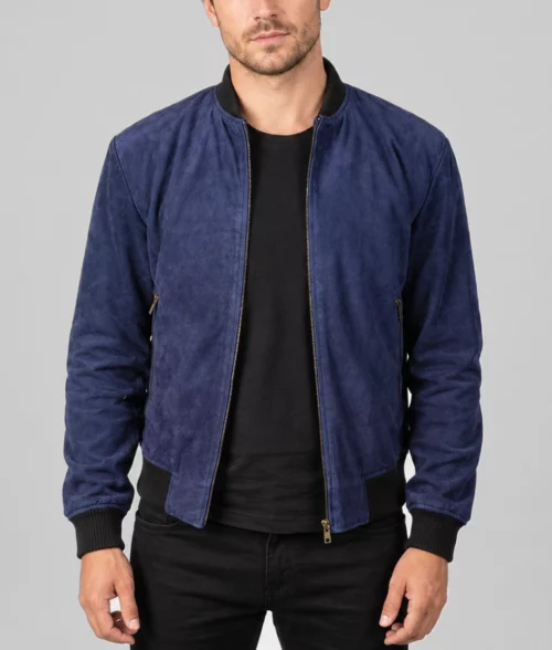 Mens Premium Midnight Blue Suede Bomber Jacket