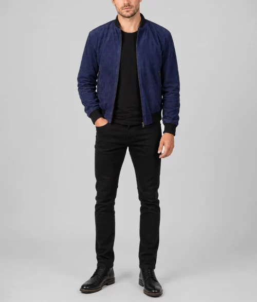 Mens Premium Midnight Blue Suede Bomber Jacket - Image 4