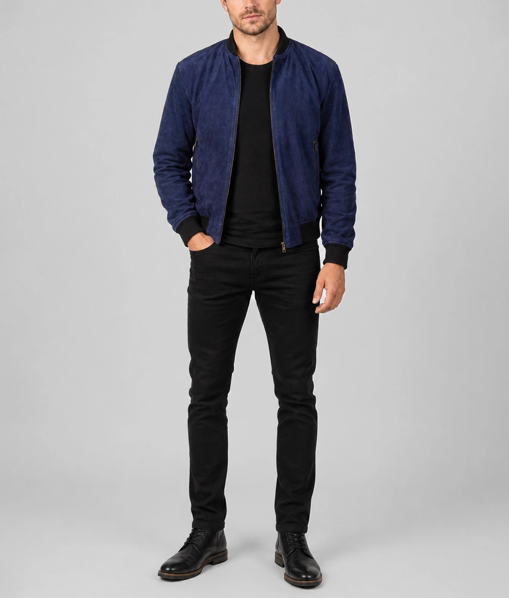 Mens Premium Midnight Blue Suede Bomber Jacket - Image 4