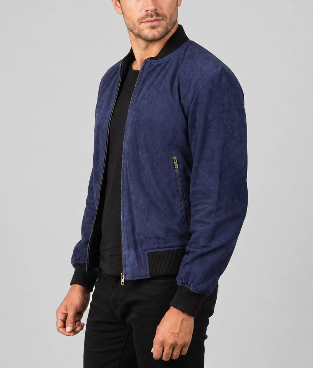 Mens Premium Midnight Blue Suede Bomber Jacket - Image 2