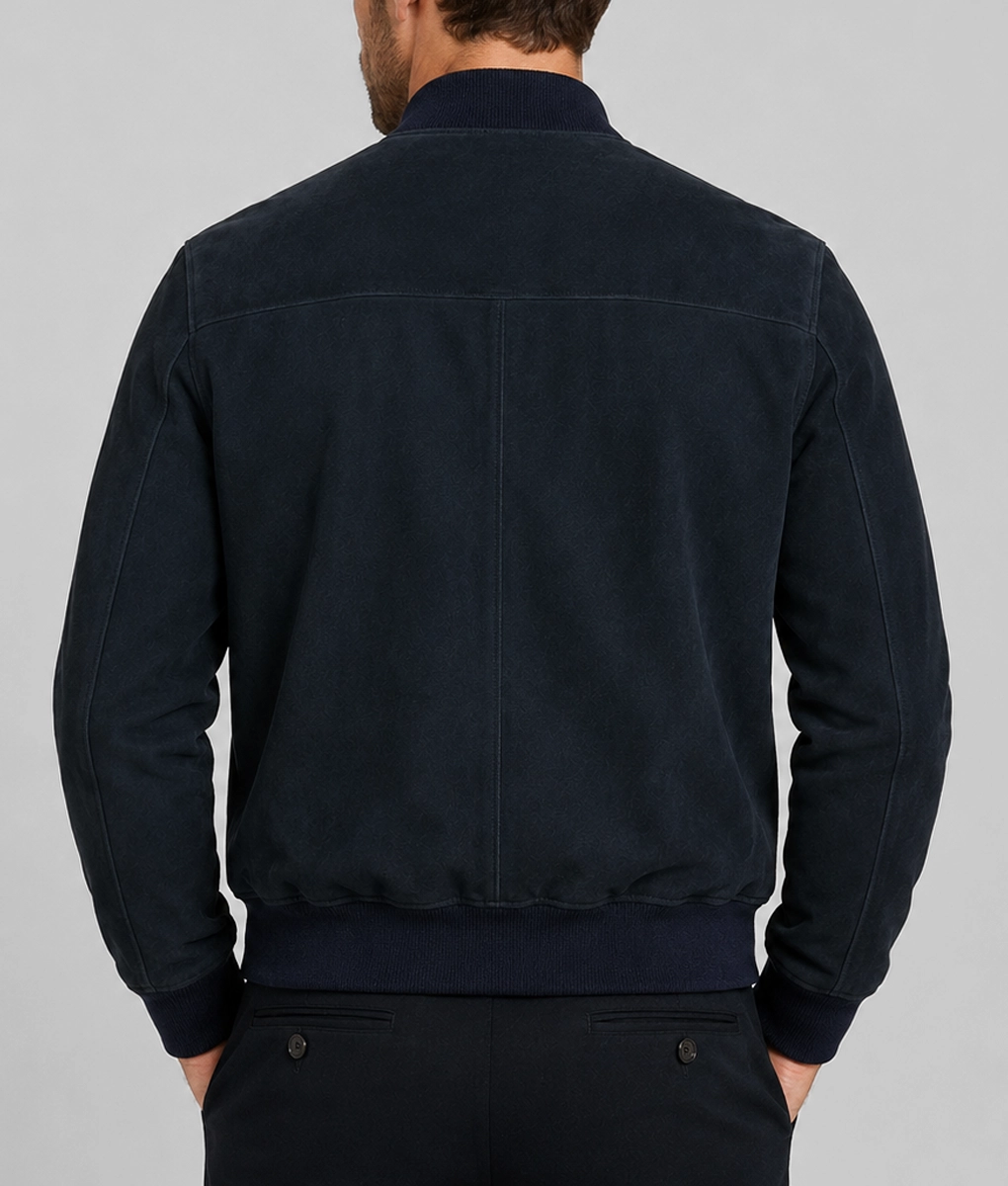 Mens Premium Navy Blue Suede Bomber Jacket - Image 3