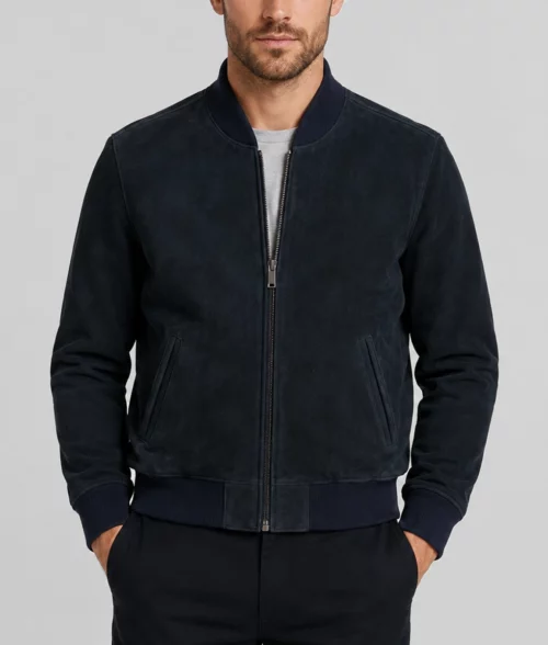 Mens Premium Navy Blue Suede Bomber Jacket