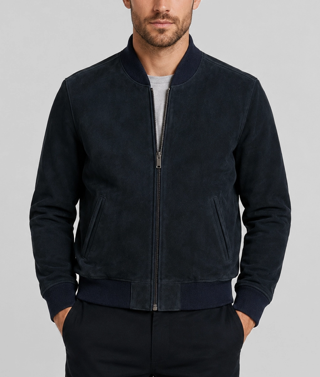 Mens Premium Navy Blue Suede Bomber Jacket