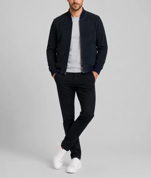 Mens Premium Navy Blue Suede Bomber Jacket - Image 4