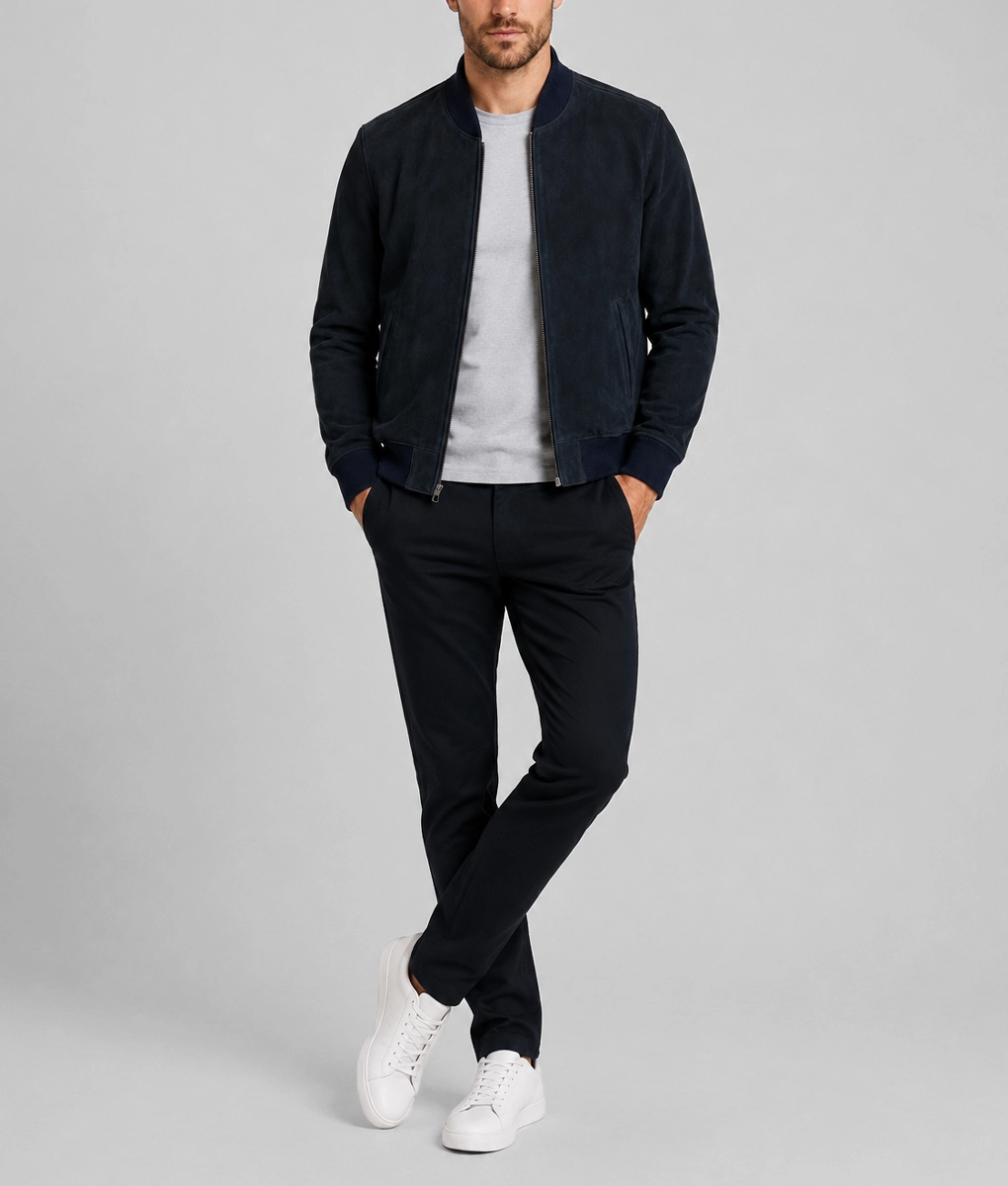Mens Premium Navy Blue Suede Bomber Jacket - Image 4
