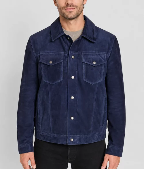 Mens Premium Navy Blue Suede Leather Jacket