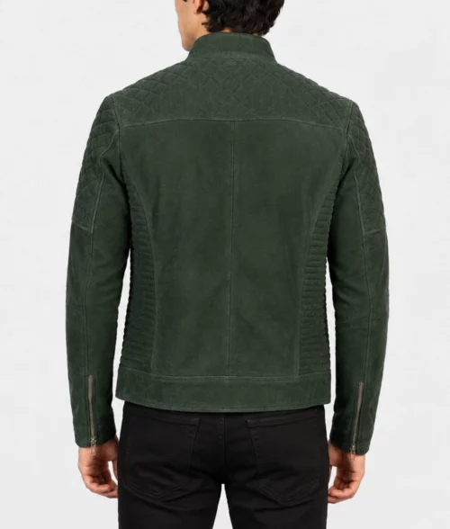 Mens Quilted Green Suede Biker Jacket - Back