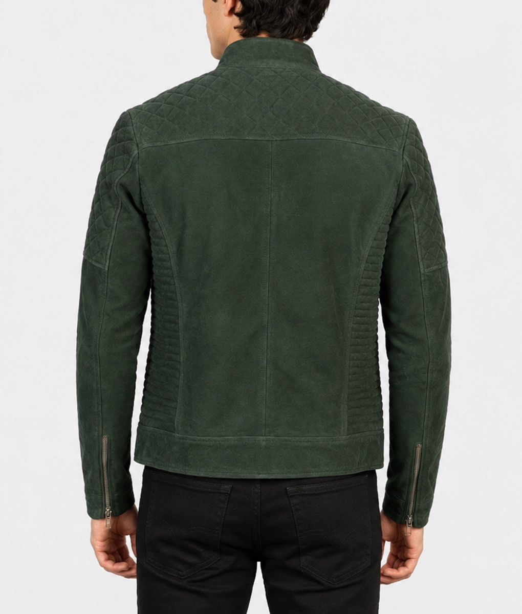 Mens Quilted Green Suede Biker Jacket - Back