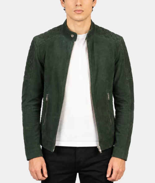 Mens Quilted Green Suede Biker Jacket - Front