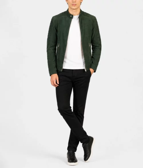 Mens Quilted Green Suede Biker Jacket - Full