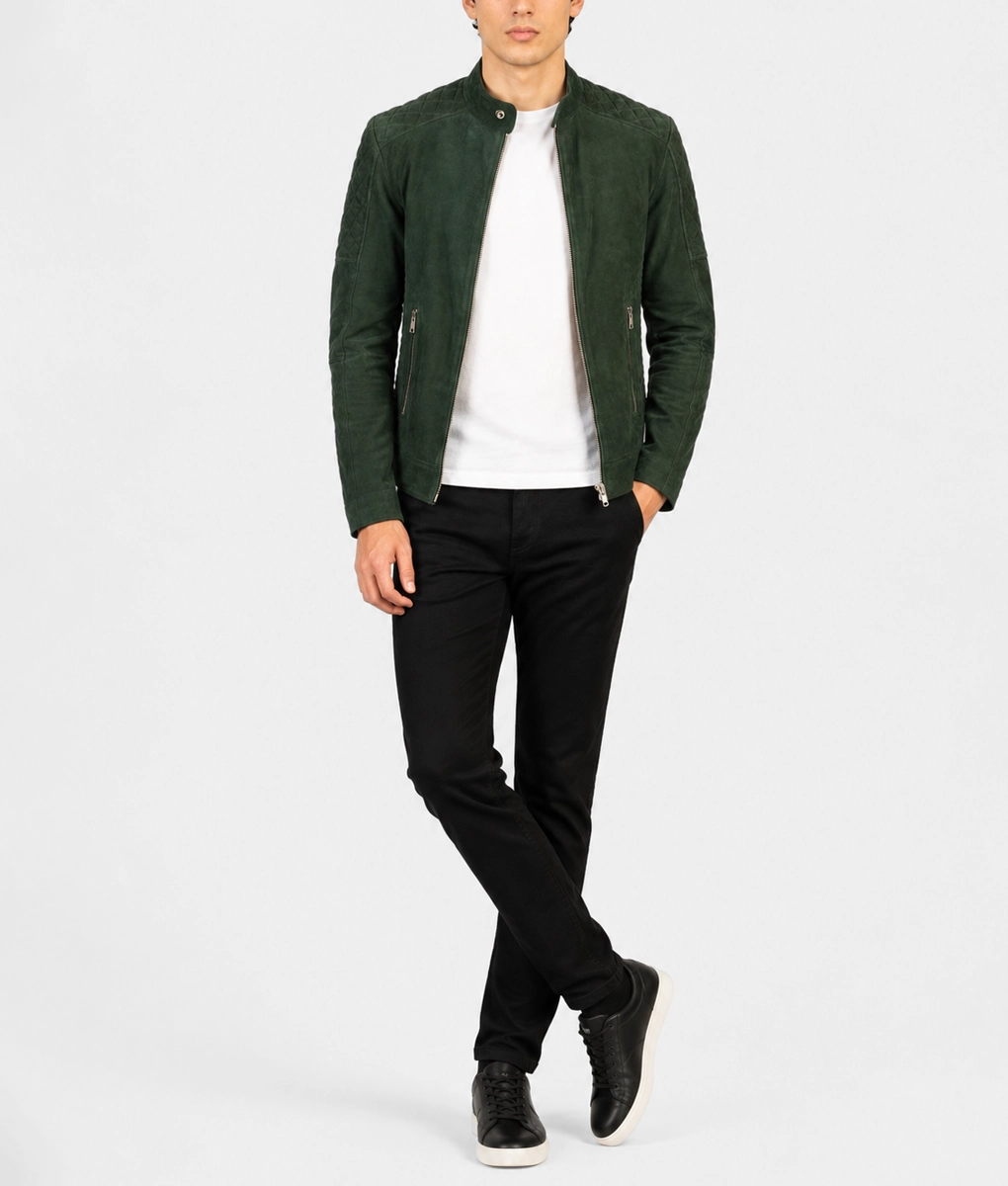 Mens Quilted Green Suede Biker Jacket - Full