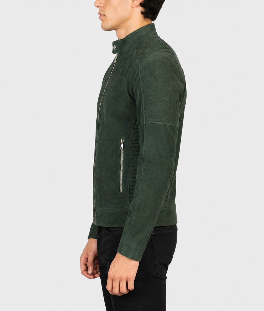 Mens Quilted Green Suede Biker Jacket - Side