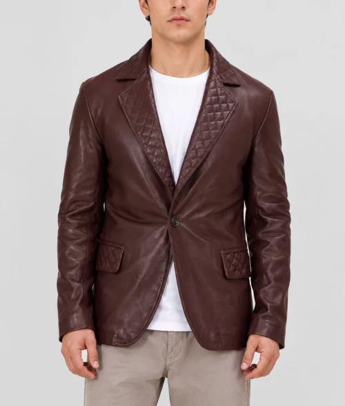 Mens Quilted Lapel Burgundy Leather Blazer - Front