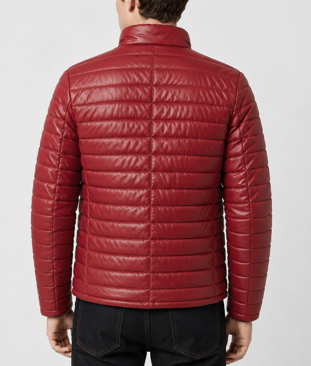 Mens Red Quilted Leather Puffer Jacket - Back