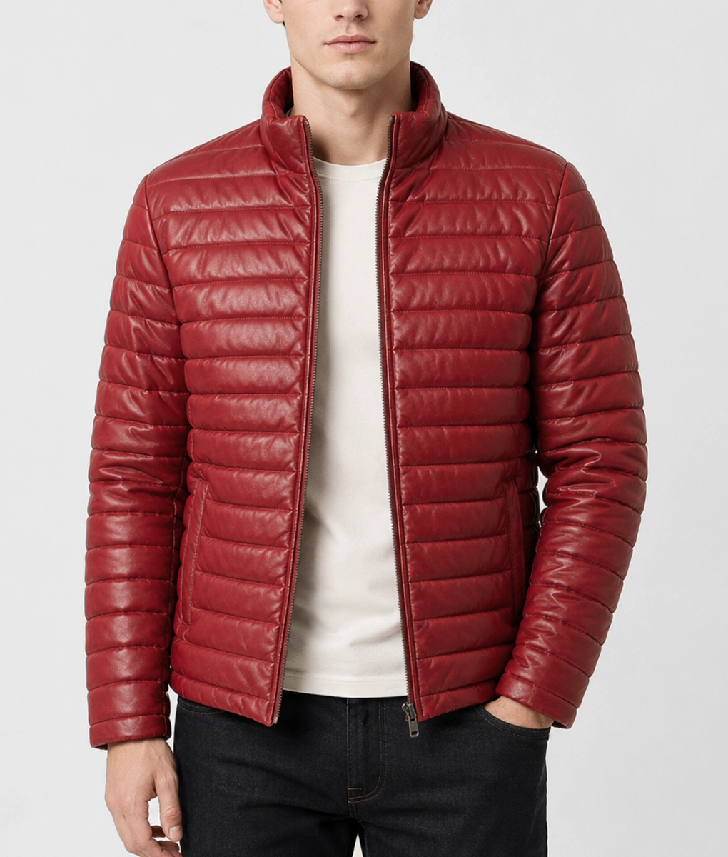 Mens Red Quilted Leather Puffer Jacket - Front