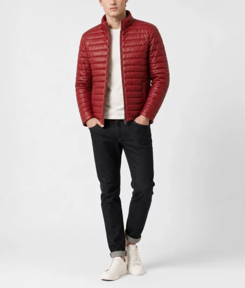 Mens Red Quilted Leather Puffer Jacket - Full