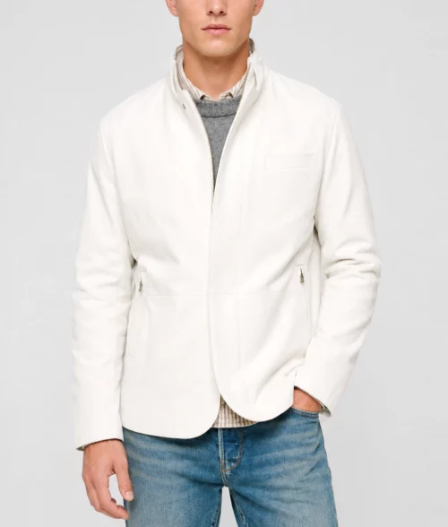 Mens Tailored White Suede Leather Jacket - Front