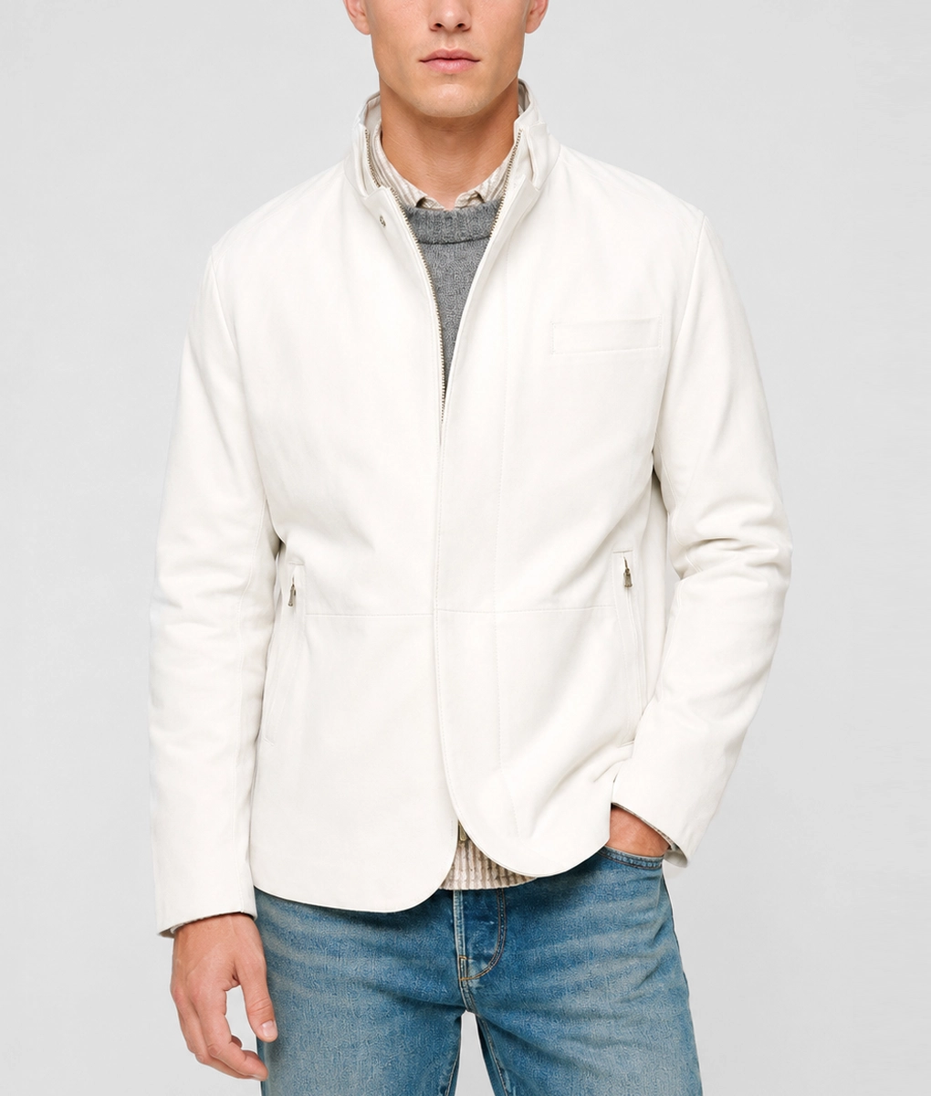 Mens Tailored White Suede Leather Jacket - Front