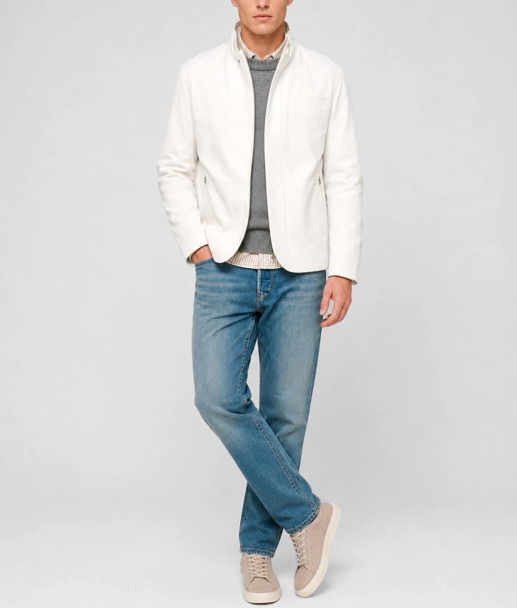 Mens Tailored White Suede Leather Jacket - Full