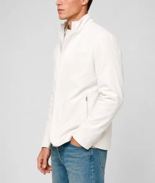 Mens Tailored White Suede Leather Jacket - Side