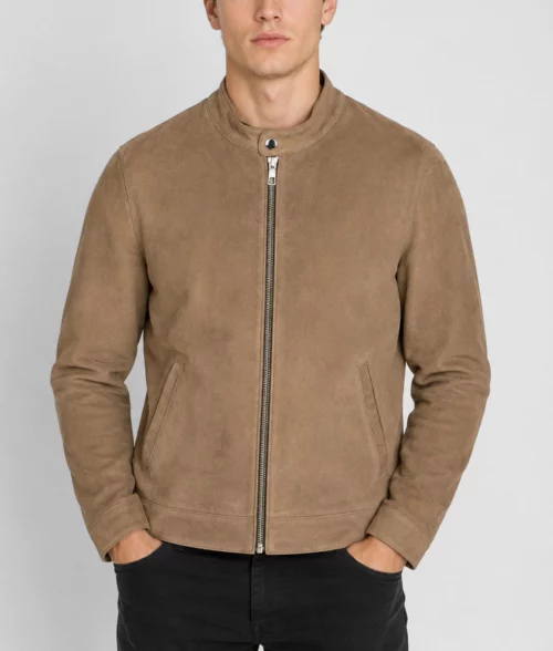 Mens Tan Suede Motorcycle Jacket - Front