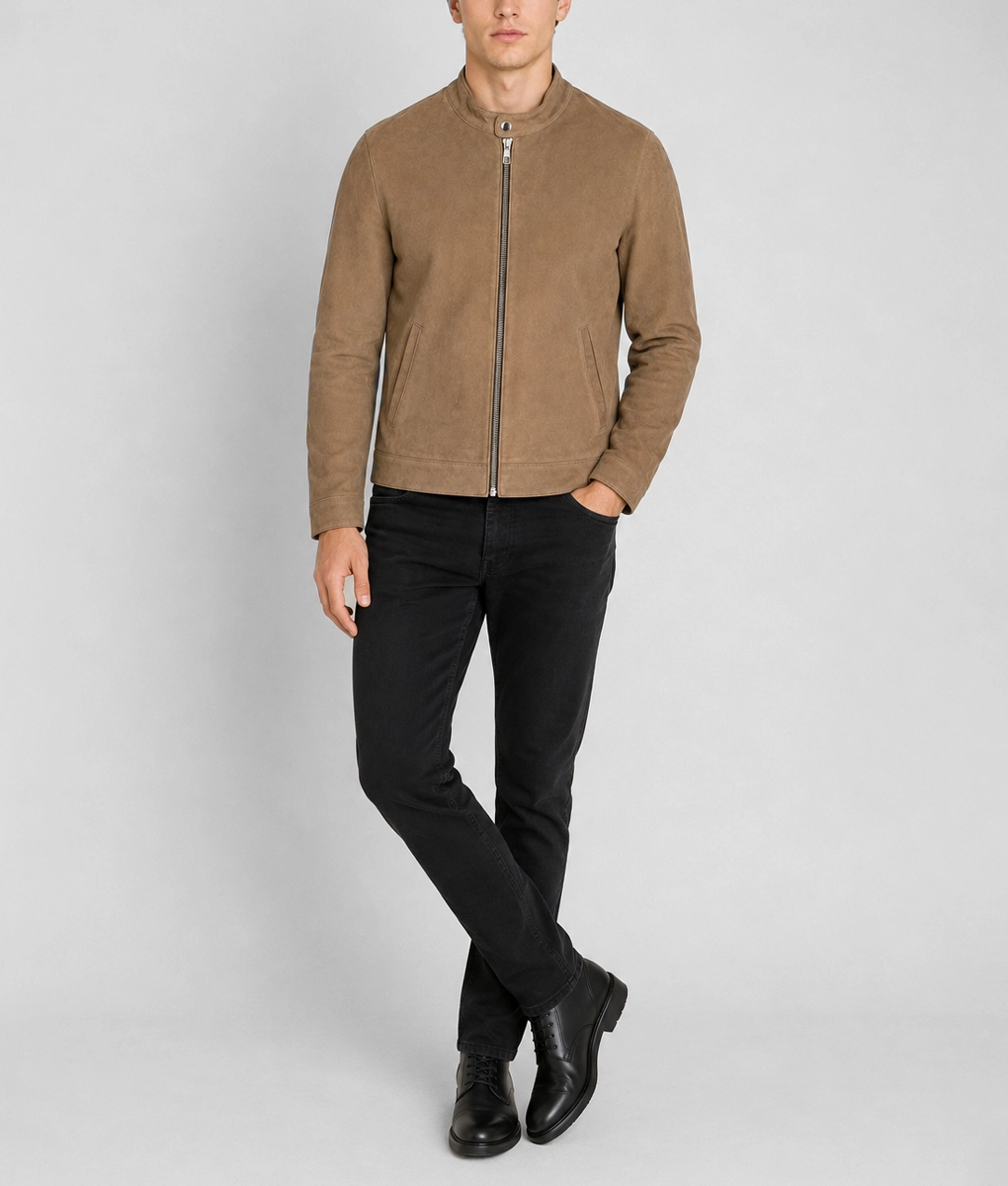 Mens Tan Suede Motorcycle Jacket - Full