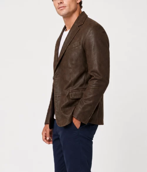 Mens Vintage Brown Leather Blazer - Side