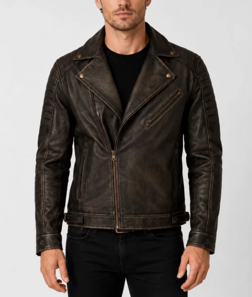 Mens Vintage Dark Brown Distressed Leather Double Rider Jacket - Front 1