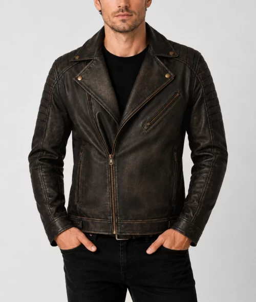 Mens Vintage Dark Brown Distressed Leather Double Rider Jacket - Front 2