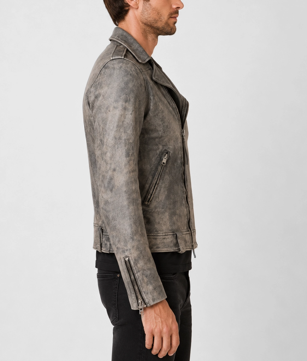 Mens Vintage Grey Distressed Double Rider Jacket - Side