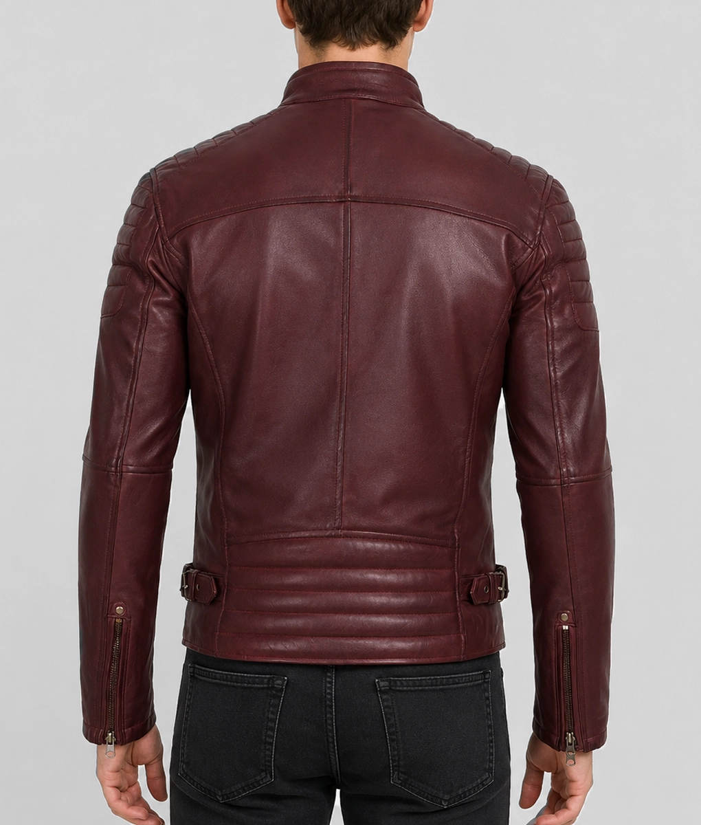 Mens Vintage Maroon Leather Café Racer Jacket - Back