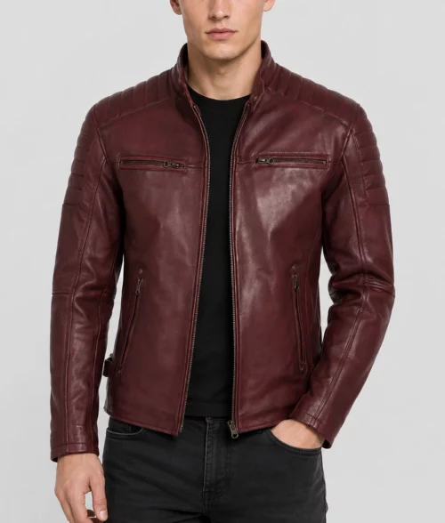 Mens Vintage Maroon Leather Café Racer Jacket - Front