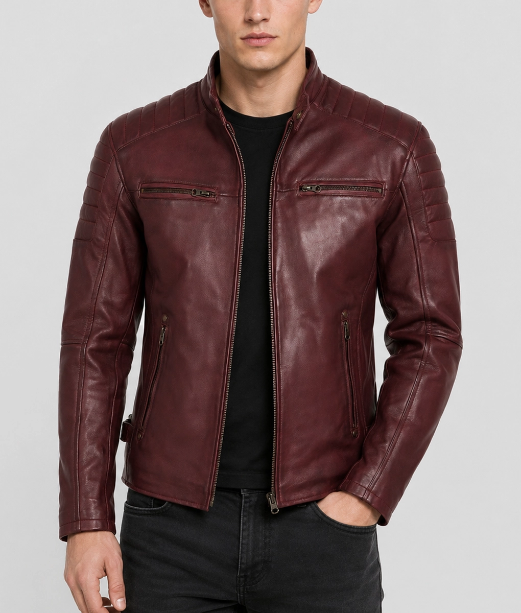 Mens Vintage Maroon Leather Café Racer Jacket - Front