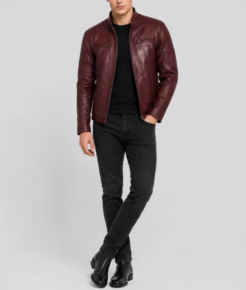 Mens Vintage Maroon Leather Café Racer Jacket - Full