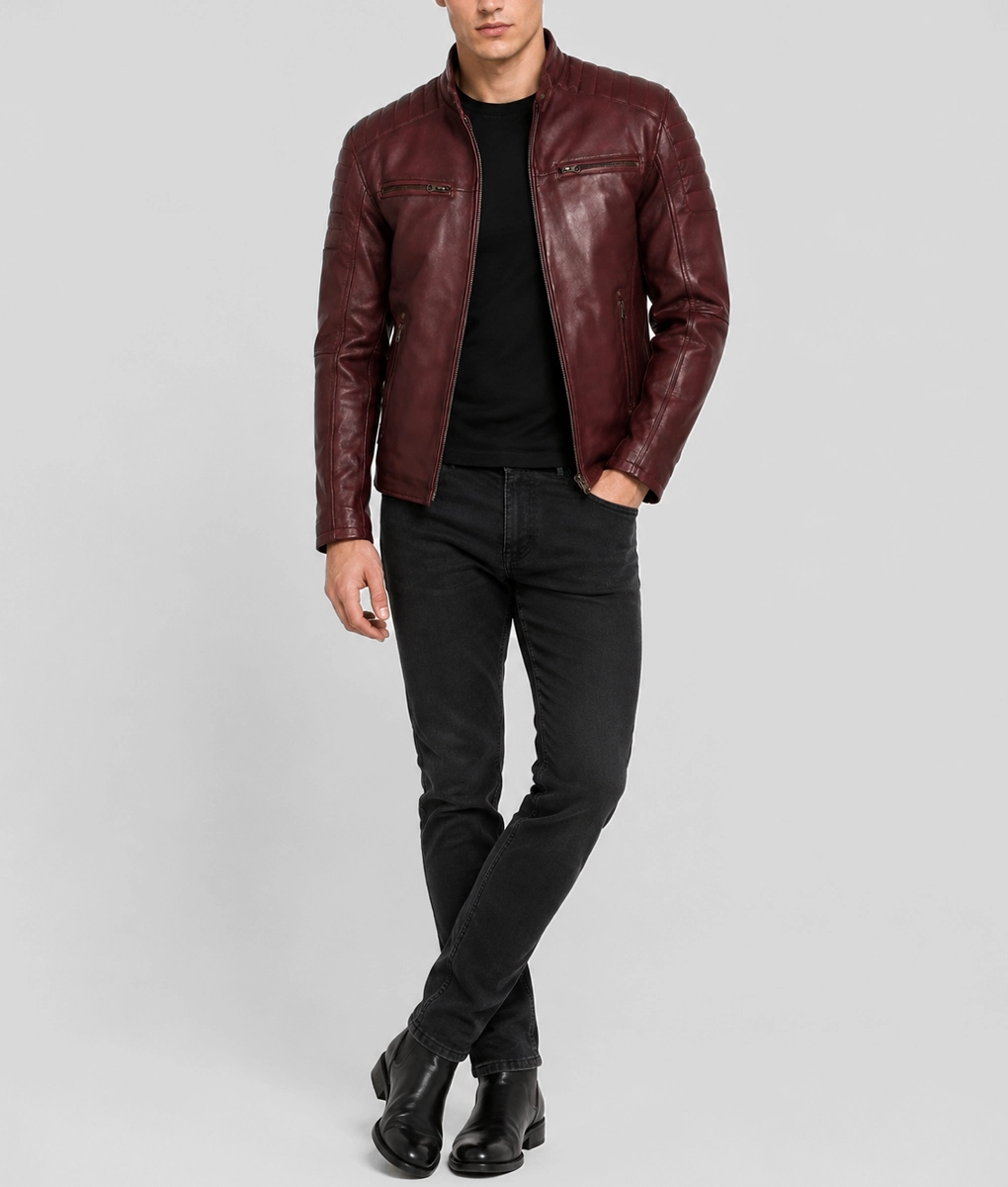 Mens Vintage Maroon Leather Café Racer Jacket - Full