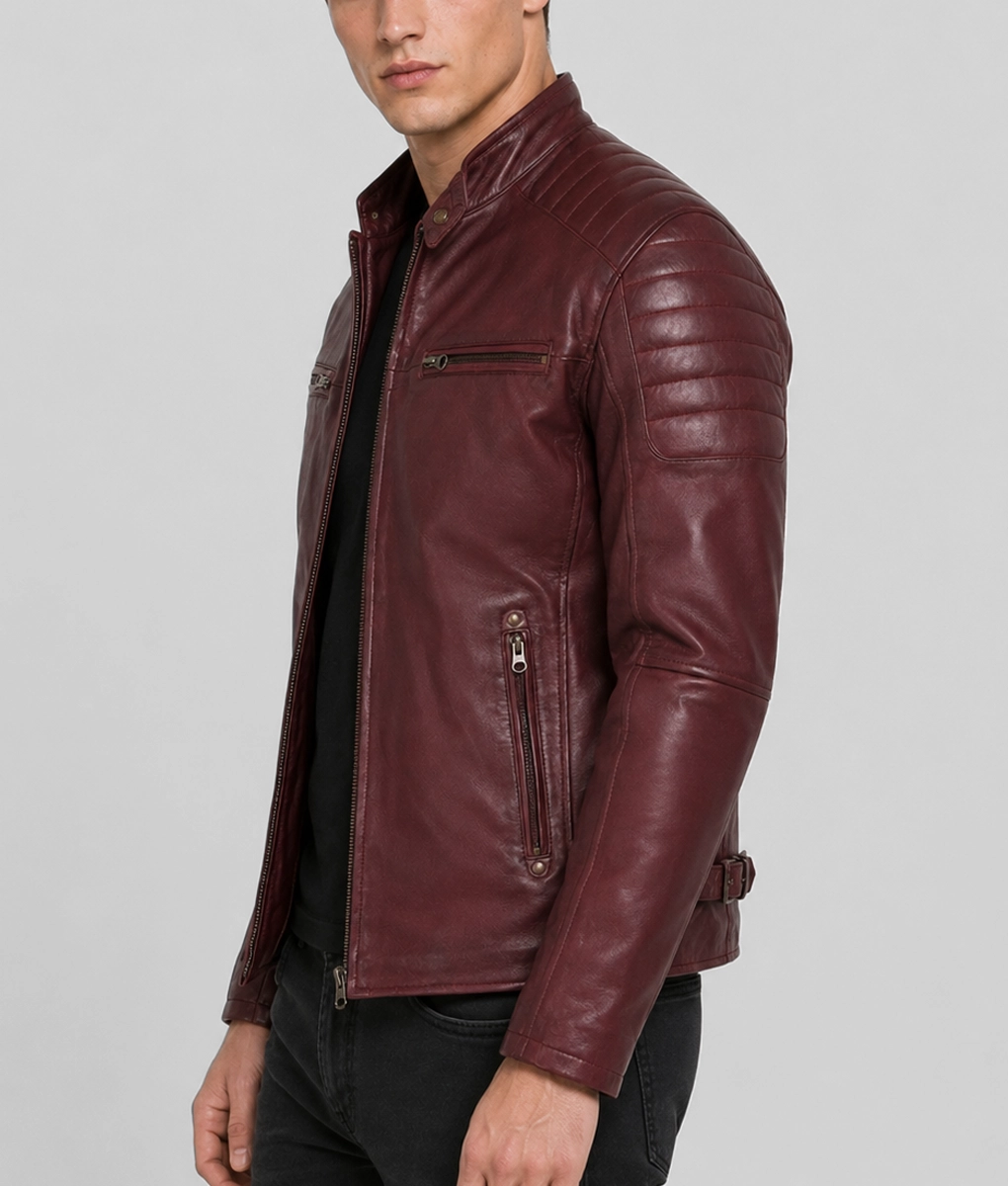 Mens Vintage Maroon Leather Café Racer Jacket - Side